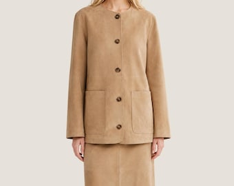 Tan Suede Collarless Jacket Women – Handmade Goat Suede Relaxed Fit