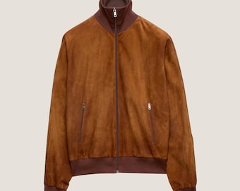 ハンドメイドブラウンカーフスエードレザージャケット - ハイネック
