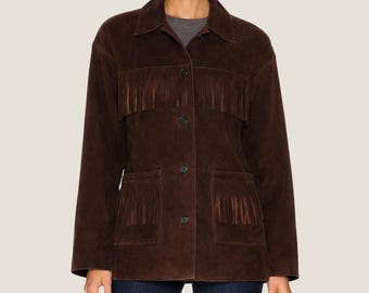 Dark Brown Suede Fringe Jacket Women - Western Style Goatskin Coat, Handmade