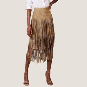 Women’s Suede Fringe Skirt – Boho Midi Skirt with Tassels – Western Cowgirl Style – High Waisted Suede –Skirt – Handmade Leather Skirt