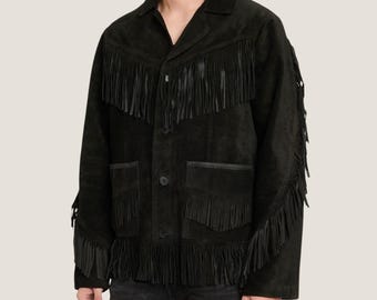 Men's Black Suede Fringe Western Jacket – Handmade Cowboy Coat