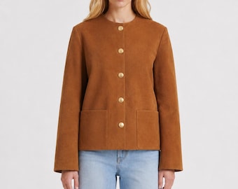 Women’s Brown Suede Jacket with Gold Buttons – Goatskin Suede Minimalist Streetwear Blazer Coat
