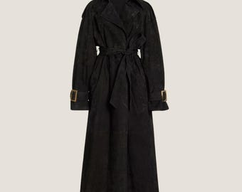 Black Suede Maxi Trench Coat – Handmade Belted Goatskin Outerwear