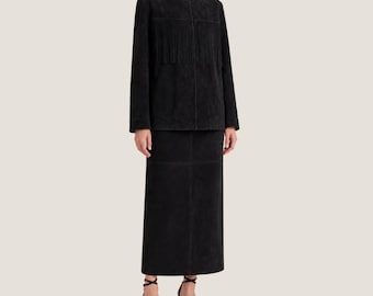 Black Suede Fringe Jacket Women – Handmade Goat Suede Western Streetwear