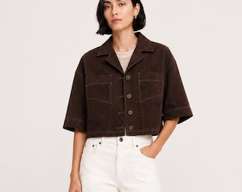 Dark Brown Oversized Suede Jacket Women – Cropped Goatskin Suede Streetwear Coat, Handmade