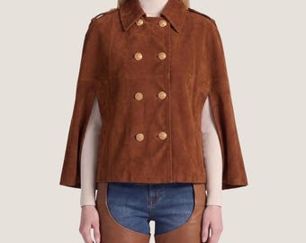 Women’s Brown Suede Cape Jacket – Gold Button Poncho Jacket – Luxury Streetwear Outerwear, Handmade
