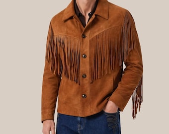 Western Brown Suede Fringe Jacket Men | Retro Style Goatskin Leather Jacket, Handmade