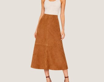 Brown Suede A Line Skirt Women | High Waist Midi Skirt, Handmade Streetwear