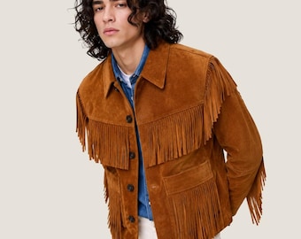 Western Brown Suede Fringe Jacket Men – Retro Cowboy Boho Suede Outerwear