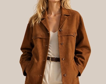Brown Suede Oversized Jacket Women - Shirt Style Goatskin Coat, Handmade Outerwear