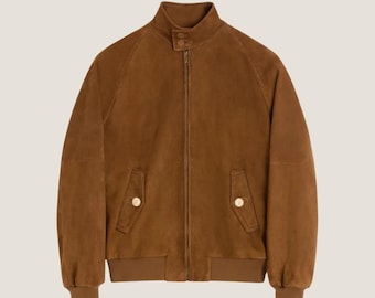 ハンドメイドブラウンカーフスエードレザージャケット - ハイネック