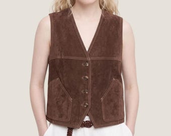 Dark Brown Goatskin Suede V Neck Vest for Women | Luxury Streetwear, Handmade