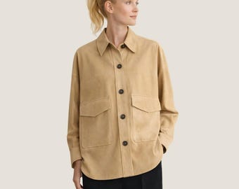 Tan Suede Shirt Jacket Women | Goatskin Leather Overshirt | Luxury Streetwear & Outerwear