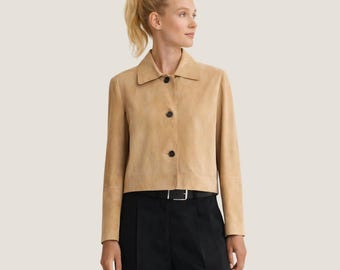 スエード クロップド ボンバー ジャケット　サイズ38 クロップドブラウンスエードトラッカージャケット、レディースボンバー