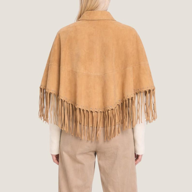 Tan Suede Fringe Cape Women – Western Poncho Jacket – Boho Inspired Outerwear & Streetwear image 3