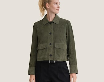 Olive Green Suede Jacket Women | Cropped button Up Coat | Handmade Minimal Jacket for Women | Luxury Streetwear & Outerwear