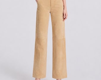 Women’s Beige Suede Wide Leg Pants – Handmade Luxury Streetwear