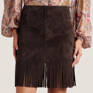 Women’s Dark Brown Suede Skirt  –  Fringe Hem Mini Skirt with Back Zipper – Western Cowgirl Style | Western Boho Leather Tassel Skirt