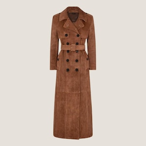 Women’s Brown Suede Long Coat – Double-Breasted Belted Maxi Trench Coat – Handmade Luxury Outerwear for Winter & Fall – Fashion Statement