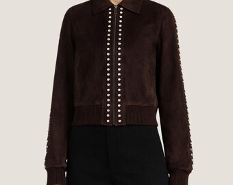 Dark Brown Short Suede Jacket Women – Handmade Cropped Jacket, Studded Bomber Style For Streetwear