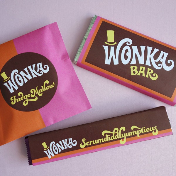 Étiquettes Wonka Bar, FudgeMallow et Scrumdiddlyumptious Emballages de bonbons Wonka Bar Willy Wonka cotillons kit imprimable DIY rétro ORANGE/Rose