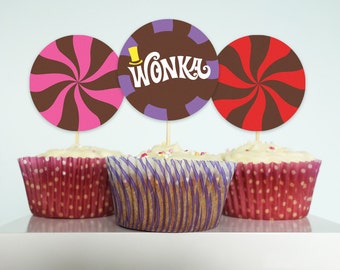 Willy Wonka cupcake toppers Willy Wonka birthday party DiY printable cupcake toppers PURPLE PiNK RED