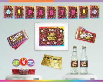 Printable party essentials basic party kit Willy Wonka birthday party decorations Chocolate Factory party DiY complete RAiNBOW/Multicolor