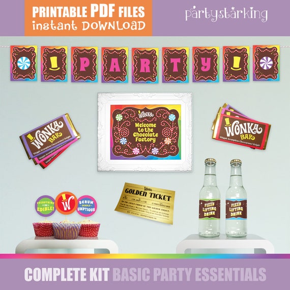 Printable Party Essentials Basic Party Kit Willy Wonka Birthday Party  Decorations Chocolate Factory Party Diy Complete Rainbow Multicolor 
