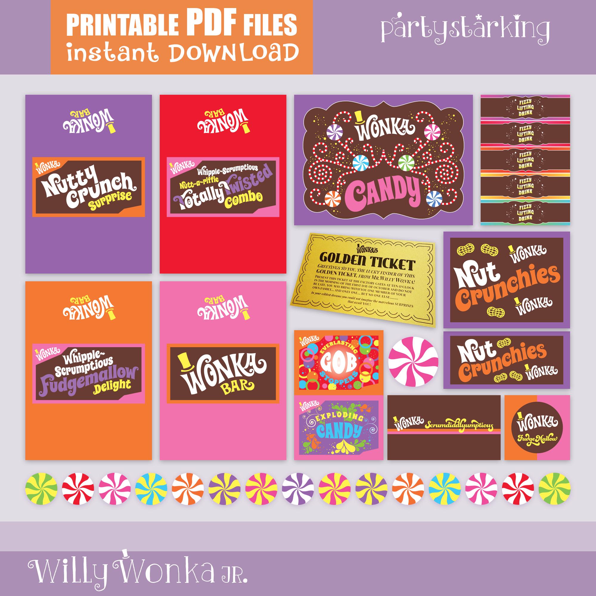 Willy Wonka JR. Printable Props, Candy Cart Sign, Wonka Bar Wrappers, Golden Tickets, Fizzy Lifting Drink, Nut Crunchies Case Labels PDF Kit - Etsy for Printable Free Wonka Bar Wrapper Pdf