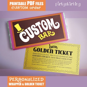 Personalized name candy wrapper & Golden Ticket custom digital printable PDF files