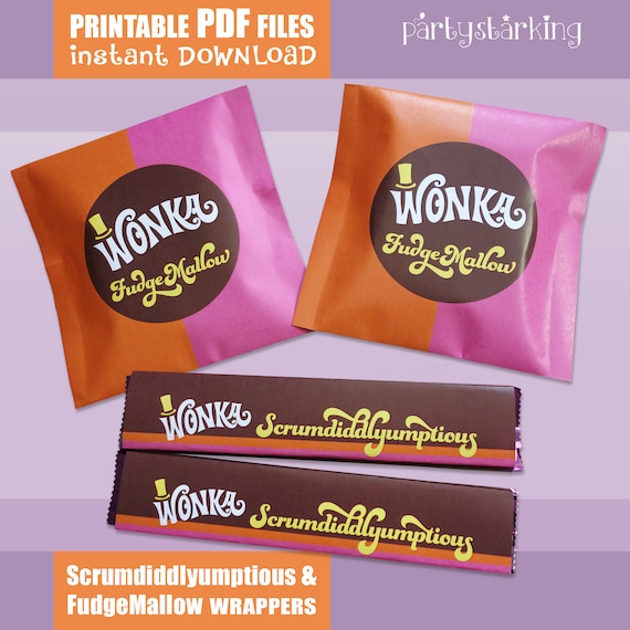 Scrumdiddlyumptious & Fudgemallow Labels Wonka Bar Candy Wrappers