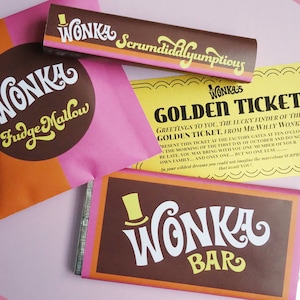 Golden Ticket invitation, Wonka Bar, FudgeMallow & Scrumdiddlyumptious candy wrappers Willy Wonka party DiY printable kit Retro ORANGE/PiNK image 1