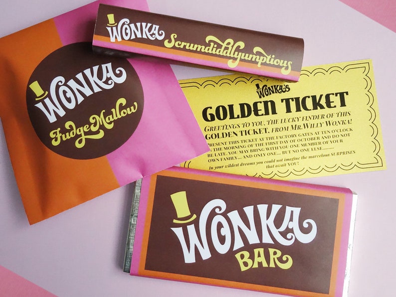 Golden Ticket invitation, Wonka Bar, FudgeMallow & Scrumdiddlyumptious candy wrappers Willy Wonka party DiY printable kit Retro ORANGE/PiNK image 1