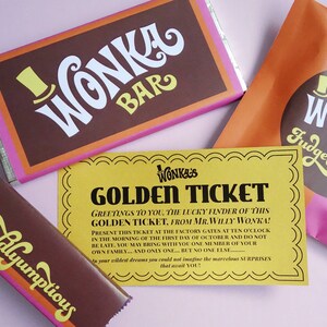 Golden Ticket invitation, Wonka Bar, FudgeMallow & Scrumdiddlyumptious candy wrappers Willy Wonka party DiY printable kit Retro ORANGE/PiNK image 2