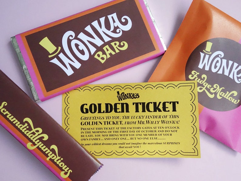 Golden Ticket invitation, Wonka Bar, FudgeMallow & Scrumdiddlyumptious candy wrappers Willy Wonka party DiY printable kit Retro ORANGE/PiNK image 2