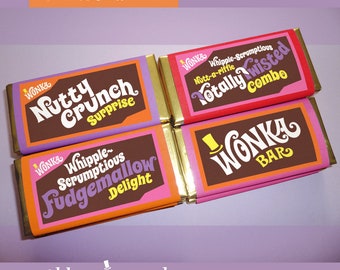 Willy Wonka JR. prop Wonka Bar wrappers, Nutty Crunch Surprise, Whipple-Scrumptious Fudgemallow Delight, Totally Twisted Combo printable PDF