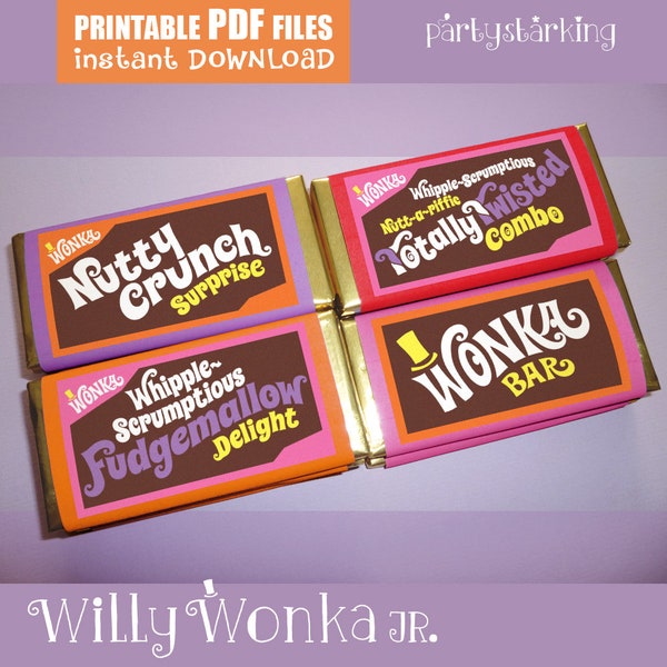 Willy Wonka JR. prop Wonka Bar wrappers, Nutty Crunch Surprise, Whipple-Scrumptious Fudgemallow Delight, Totally Twisted Combo printable PDF