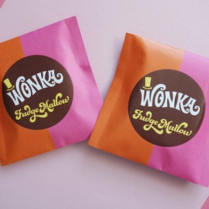 Wonka Scrumdiddlyumptious & FudgeMallow labels Wonka Bar candy wrappers Willy Wonka party favors DiY printable files Retro ORANGE/PiNK image 4