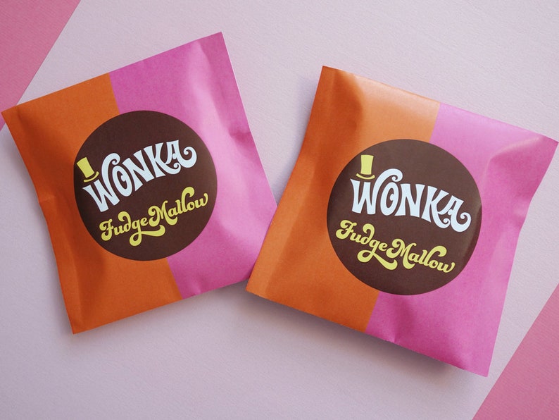 Wonka Scrumdiddlyumptious & FudgeMallow labels Wonka Bar candy wrappers Willy Wonka party favors DiY printable files Retro ORANGE/PiNK image 4