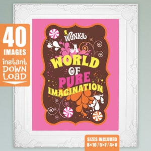 Willy Wonka quotes 40 images for 8x10, 5x7, 4x6 picture frames Wonka party decorations DiY printable digital Retro ORANGE/PiNK full set image 1