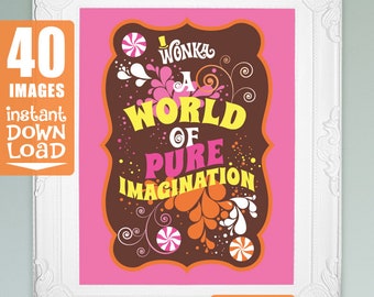 Willy Wonka quotes 40 images for 8x10, 5x7, 4x6 picture frames Wonka party decorations DiY printable digital Retro ORANGE/PiNK full set