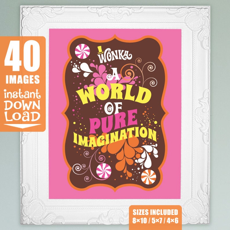 Willy Wonka quotes 40 images for 8x10, 5x7, 4x6 picture frames Wonka party decorations DiY printable digital Retro ORANGE/PiNK full set image 1