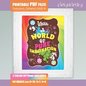 以下が含まれることがあります： カラフルな背景に「Wonka, A World of Pure Imagination」の文字が入った額入りのプリント。プリントには「Printable PDF Files, instant DOWNLOAD」と「2 COLOR OPTIONS INCLUDED, 40 IMAGES SIZES 8x10/5x7/4x6」の文字が含まれています。