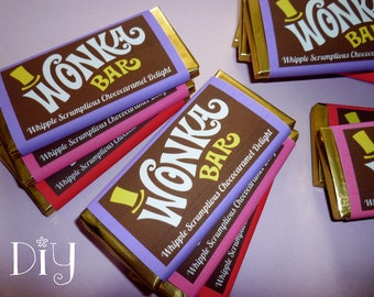 Wonka Bar wrappers Wonka Bar candy bar wrapper template Willy Wonka birthday party favors printable digital PDF template PuRPLe PiNK & ReD