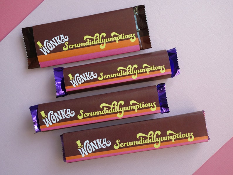 Wonka Scrumdiddlyumptious & FudgeMallow labels Wonka Bar candy wrappers Willy Wonka party favors DiY printable files Retro ORANGE/PiNK image 5