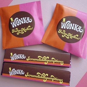 Wonka Scrumdiddlyumptious & FudgeMallow labels Wonka Bar candy wrappers Willy Wonka party favors DiY printable files Retro ORANGE/PiNK image 1