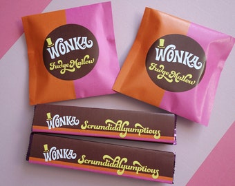 Wonka Scrumdiddlyumptious & FudgeMallow labels Wonka Bar candy wrappers Willy Wonka party favors DiY printable files ReTRo oRaNGe PiNK