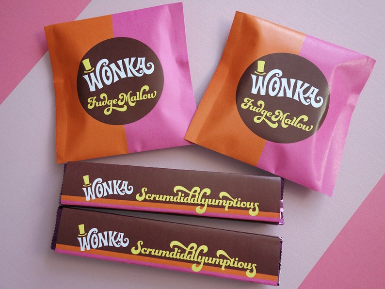 Wonka Scrumdiddlyumptious & FudgeMallow labels Wonka Bar candy wrappers Willy Wonka party favors DiY printable files Retro ORANGE/PiNK image 1