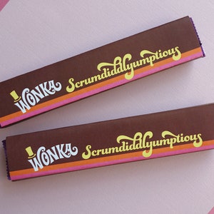Wonka Scrumdiddlyumptious & FudgeMallow labels Wonka Bar candy wrappers Willy Wonka party favors DiY printable files Retro ORANGE/PiNK image 3