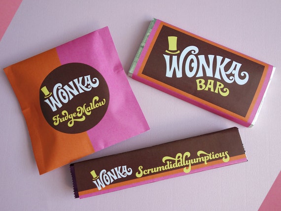 Wonka Bar, FudgeMallow & Scrumdiddlyumptious labels Wonka Bar candy wrapers  Willy Wonka party favors Kit stampabile DIY ReTRo oRaNGe PiNK -  Italia